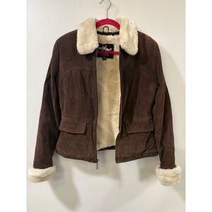 Wilsons Leather Maxima Brown Suede Jacket Faux Fir Trim Size Medium Women's